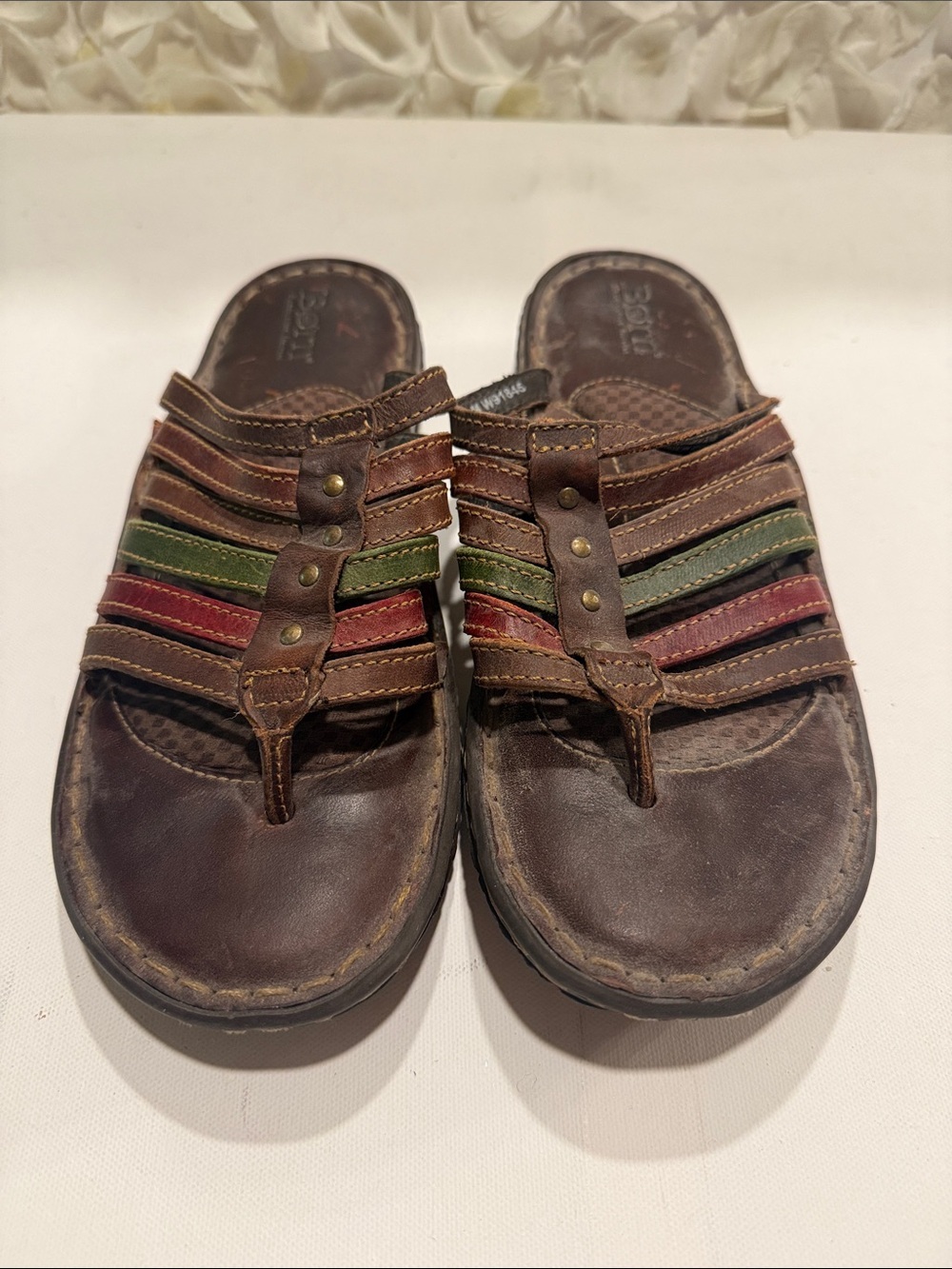 Born Women's Brown Leather Multi-Strip Thong Sandals with Red & Green Accents